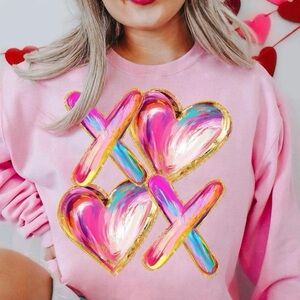 Gildan Pink Sweatshirt with Colorful Heart Design